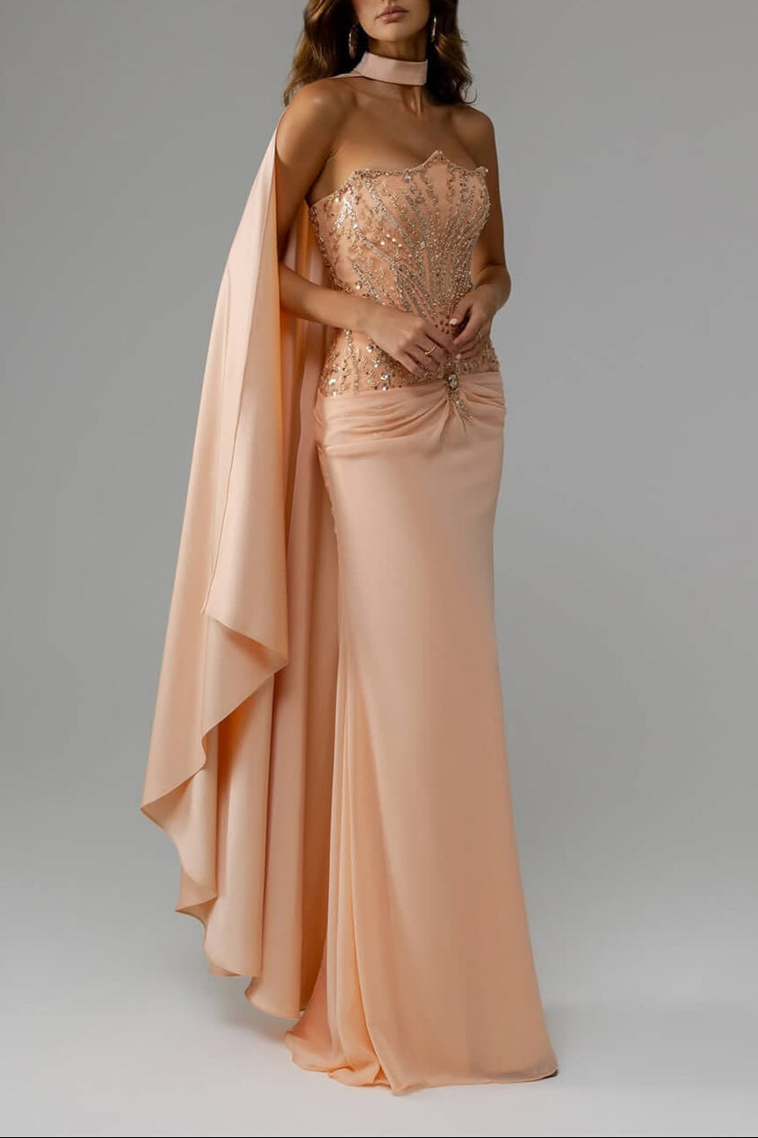 Peach Strapless Sleeveless Sheath Evening Dress Chiffon Long With Beads