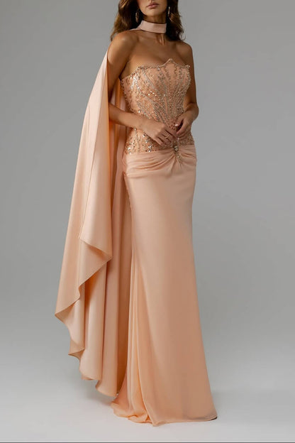Peach Strapless Sleeveless Sheath Evening Dress Chiffon Long With Beads