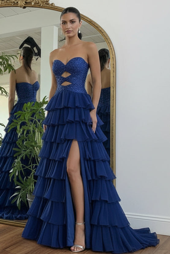 Gorgeous A Line Sweetheart Keyhole Chiffon Tiered Prom Dress with Hot Fix