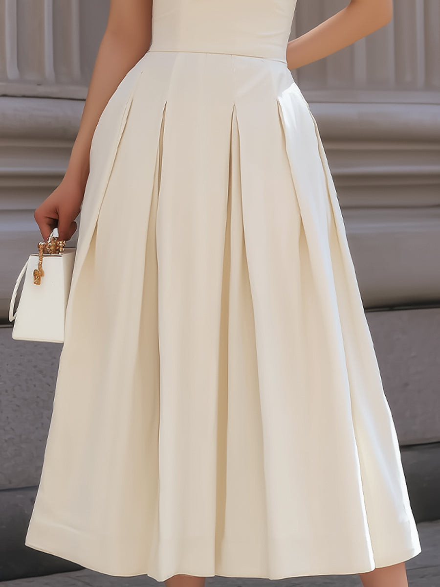 Ivory One-Shoulder Pleated Midi Dress