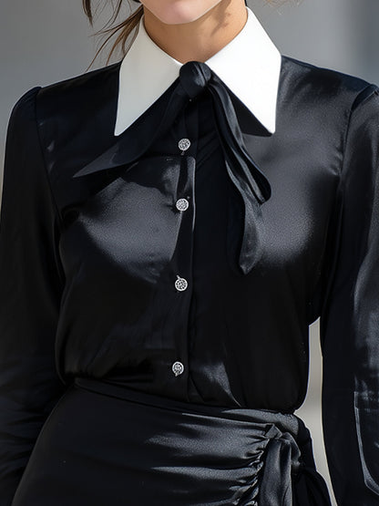 Satin Contrast Collar Tie-Neck Dress