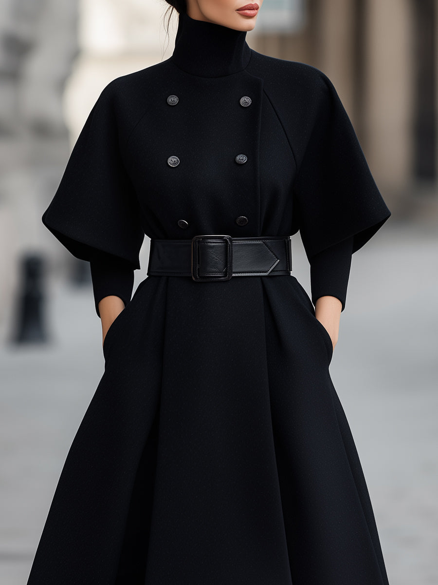 Cape-Sleeve Belted Midi Dress