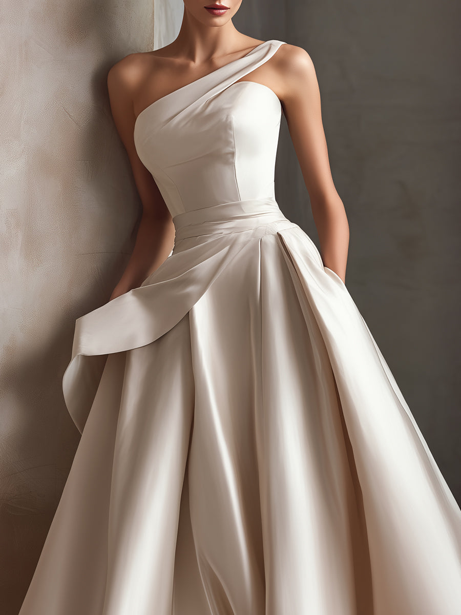 One-Shoulder Sculpted Pleated Ball Gown