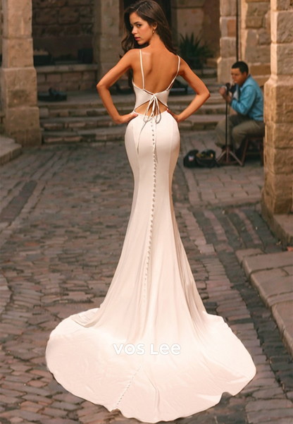 Elegant V Neck Mermaid Wedding Dress Spaghetti Straps Long Train Lace Up Bridesmaid Dress