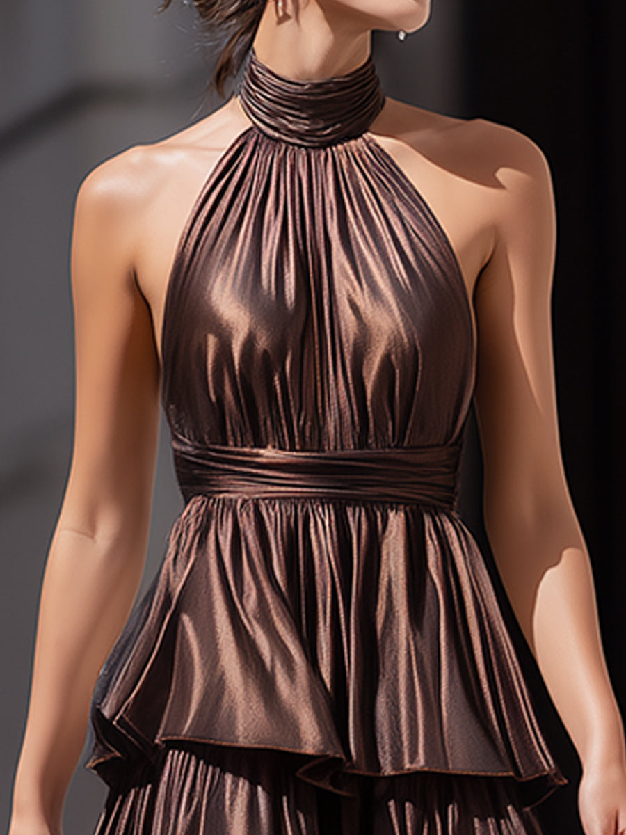 Sleeveless Tiered Halter Neck Ruffle Maxi Dress