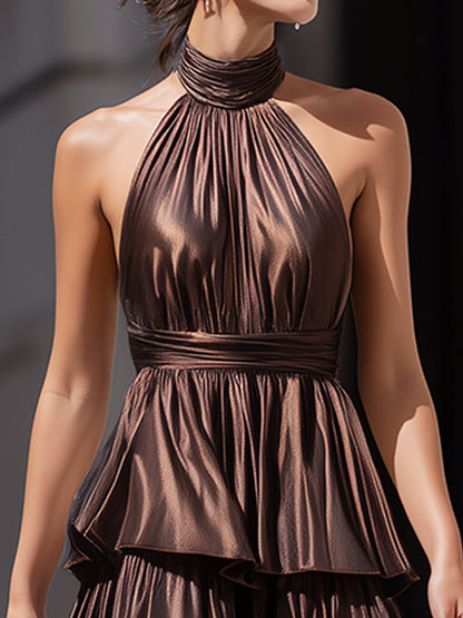 Sleeveless Tiered Halter Neck Ruffle Maxi Dress
