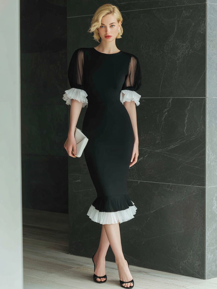 Black Midi Dress With Sheer Puff Sleeves And Pleated Trim