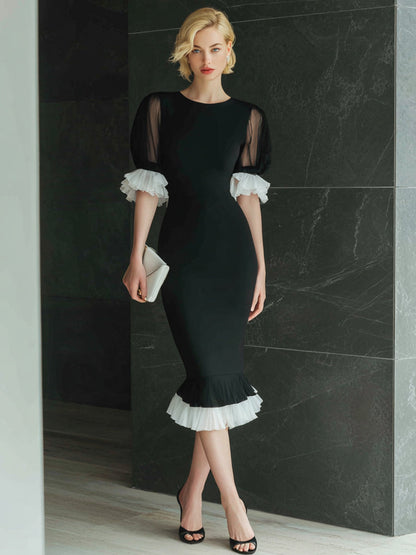 Black Midi Dress With Sheer Puff Sleeves And Pleated Trim