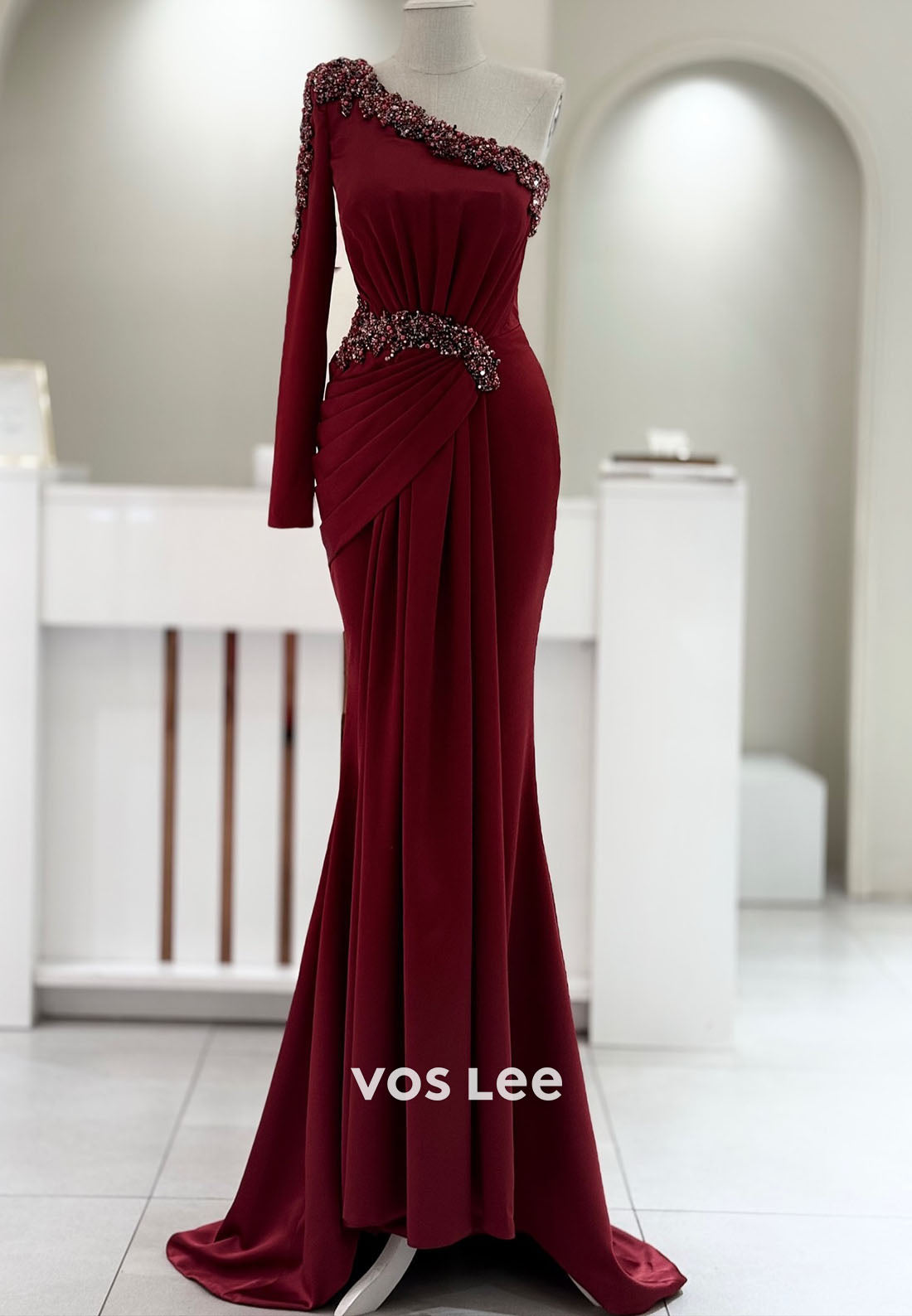 Sparking One Shoulder Crystals Bead Long Sleeve Sheath Evening Gowns