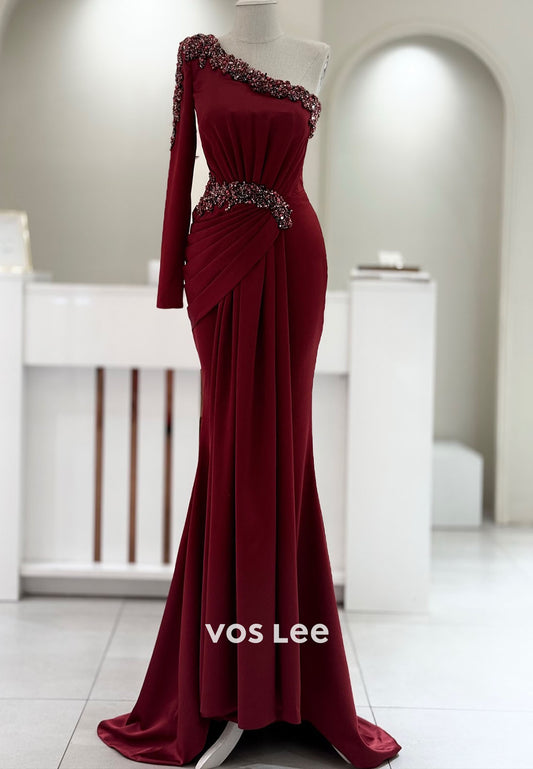 Sparking One Shoulder Crystals Bead Long Sleeve Sheath Evening Gowns