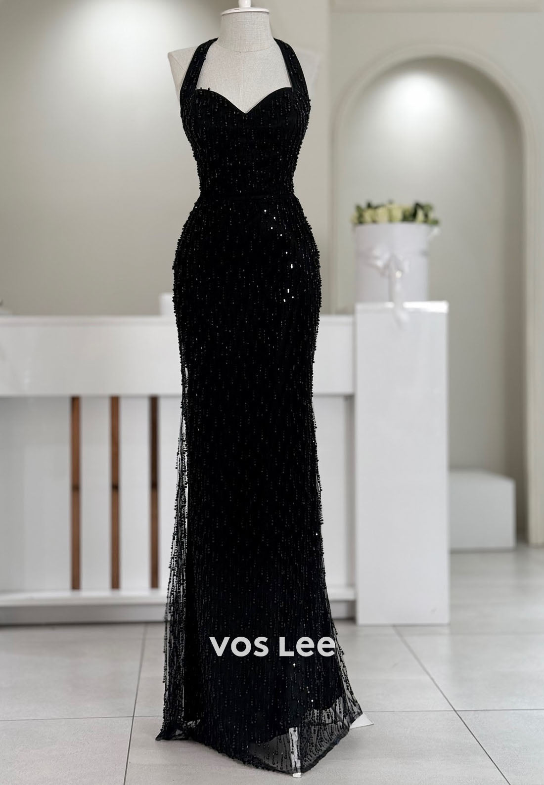 Glitter Sweetheart Beaded Sequins Evening Dress Halter Formal Gown