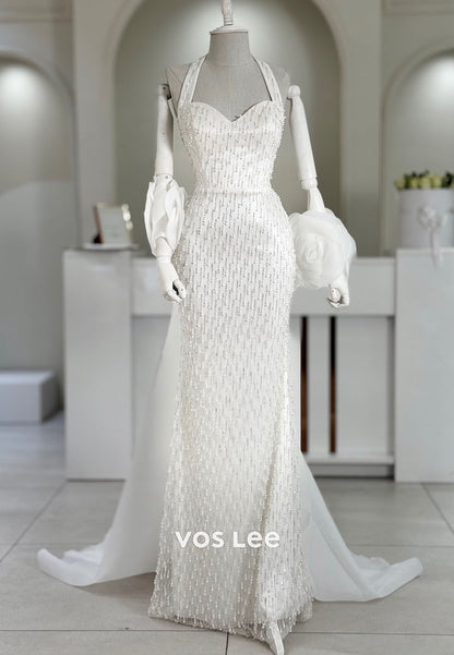 Glitter Sweetheart Beaded Sequins Evening Dress Halter Formal Gown