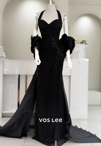 Glitter Sweetheart Beaded Sequins Evening Dress Halter Formal Gown