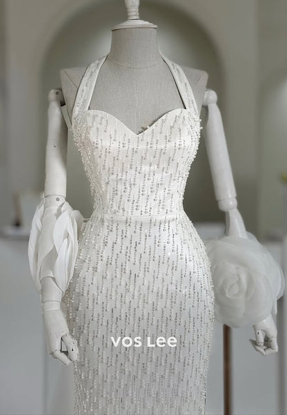 Glitter Sweetheart Beaded Sequins Evening Dress Halter Formal Gown