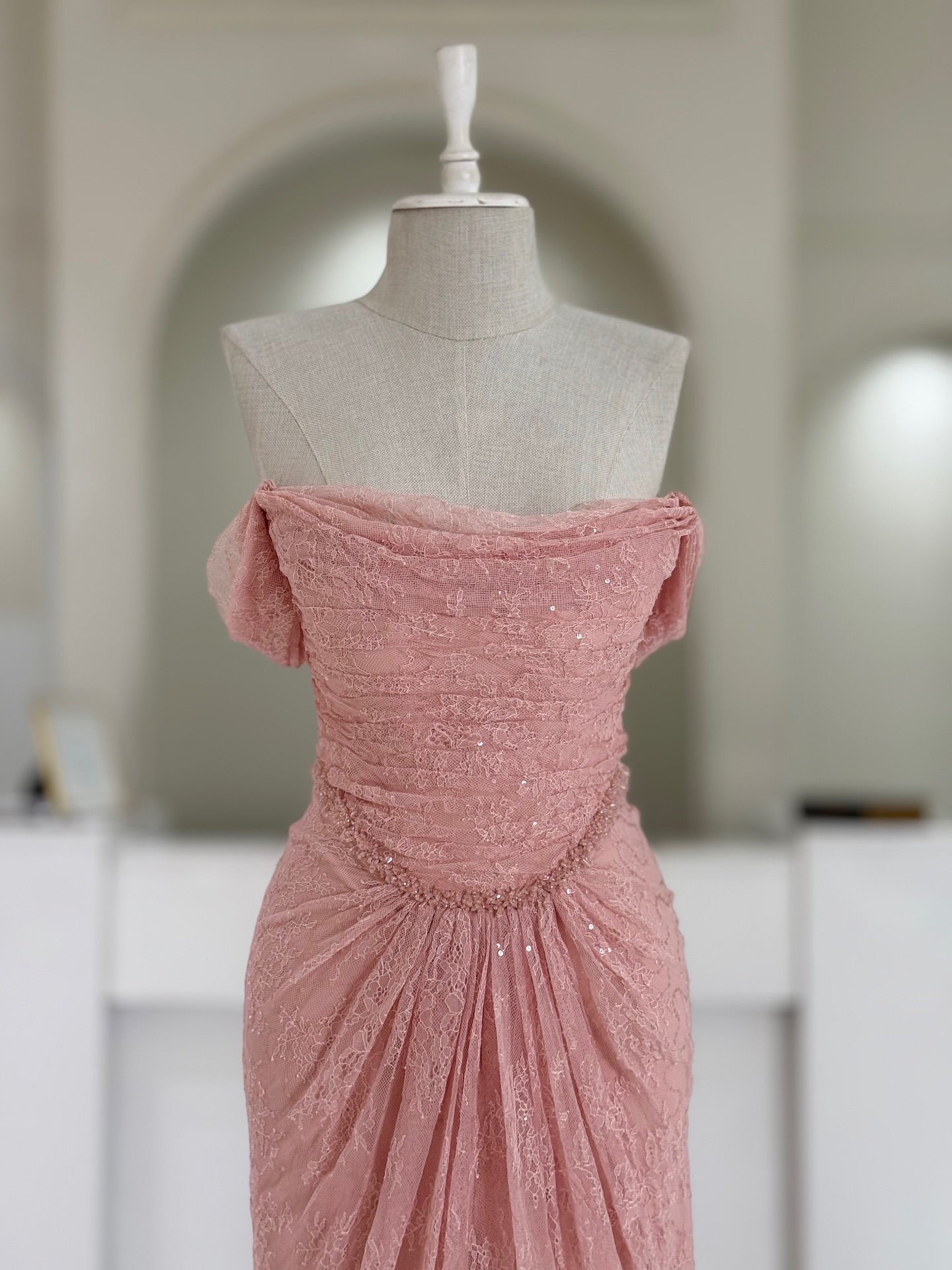 Blush Pink Lace Evening Gown | Strapless Ruched Formal Dress with High Slit