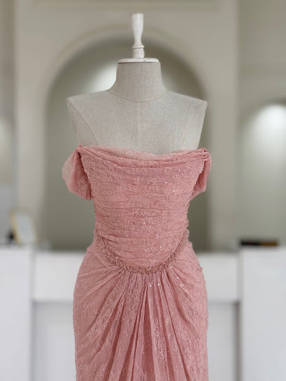 Blush Pink Lace Evening Gown | Strapless Ruched Formal Dress with High Slit