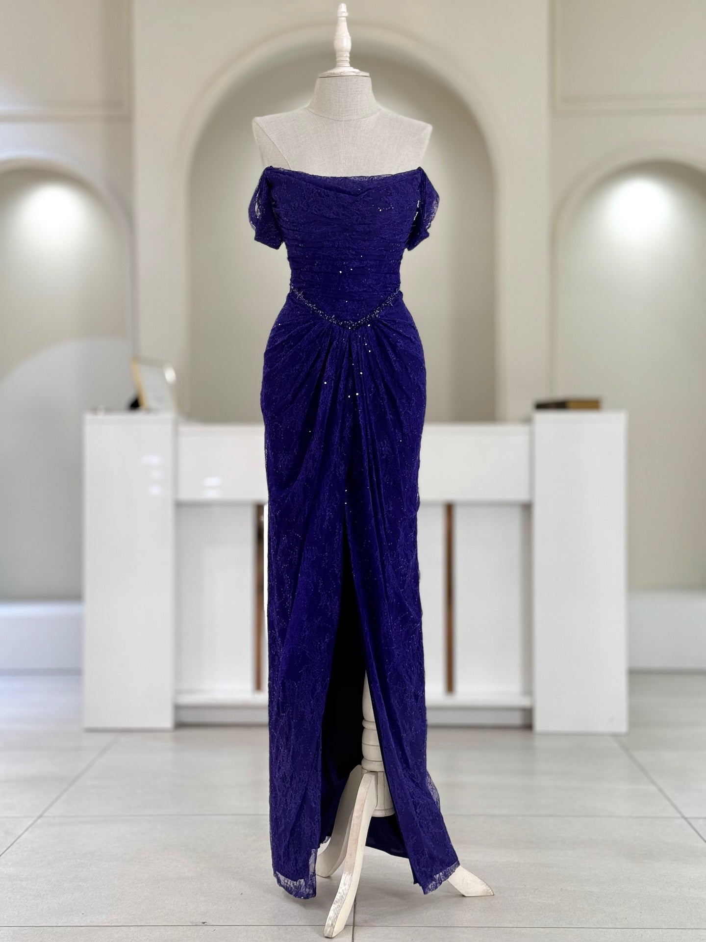 Blush Pink Lace Evening Gown | Strapless Ruched Formal Dress with High Slit