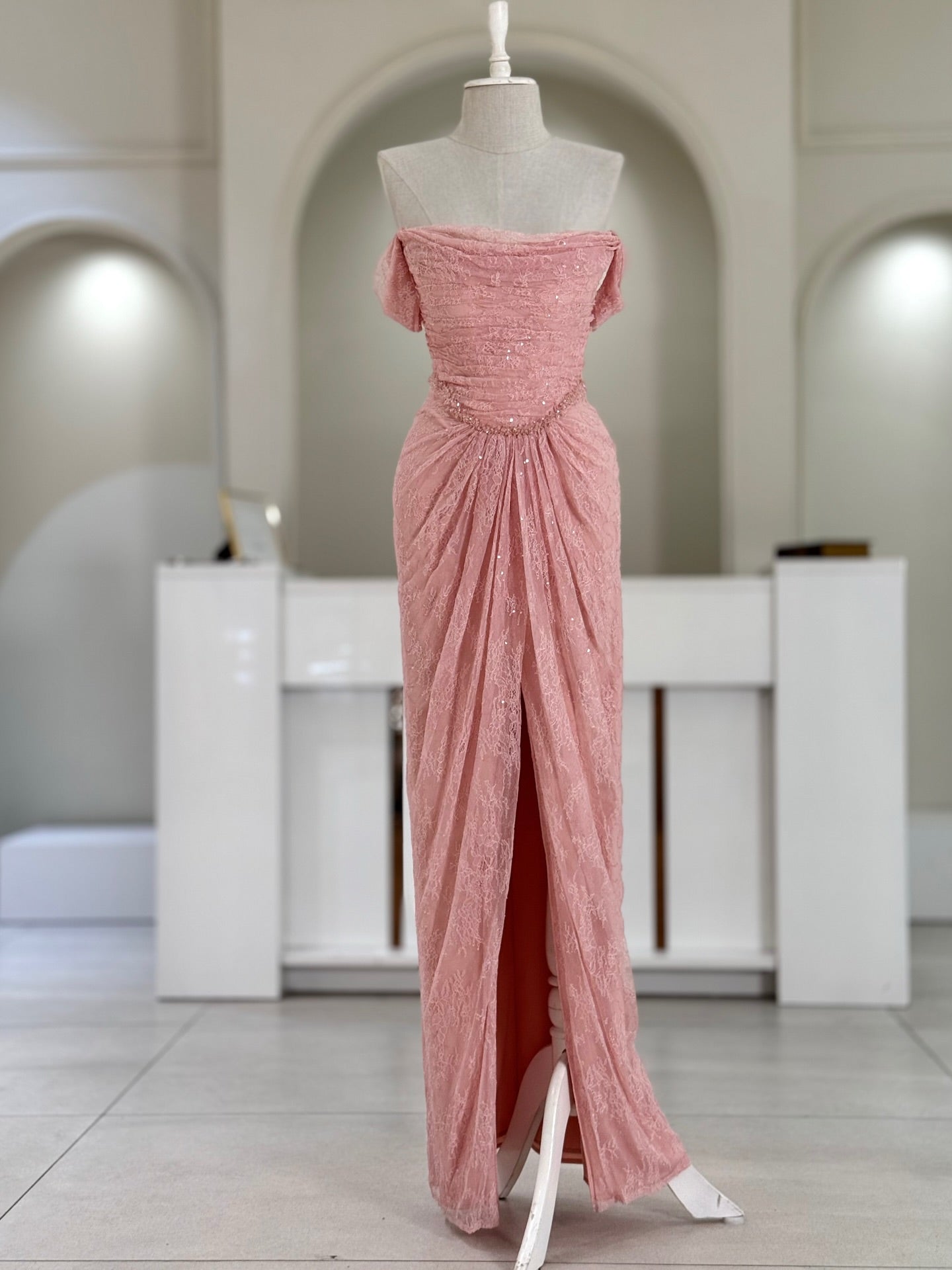 Blush Pink Lace Evening Gown | Strapless Ruched Formal Dress with High Slit