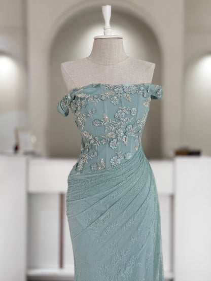 Blush Pink Lace Mermaid Gown | Off-the-Shoulder 3D Floral Applique Formal Dress