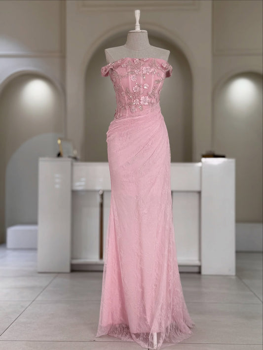 Blush Pink Lace Mermaid Gown | Off-the-Shoulder 3D Floral Applique Formal Dress