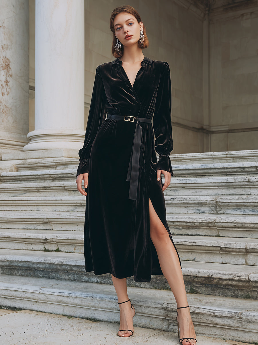Black Velvet Wrap Dress With Belt