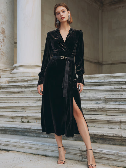 Black Velvet Wrap Dress With Belt