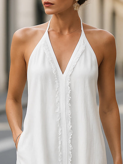 Halter Maxi Dress With Subtle Ruffle Trim Wedding Guest Dresses