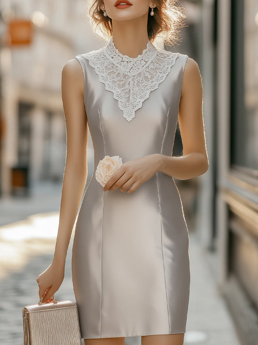 Elegant Satin Sleeveless Mini Dress With Vintage Lace Collar