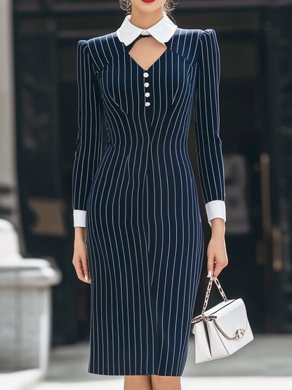 Vintage-Inspired Pinstripe Pencil Dress With White Collar