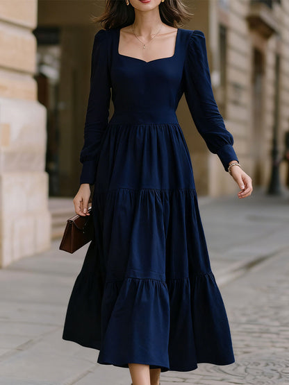 Navy Blue Square Neck Tiered Maxi Dress