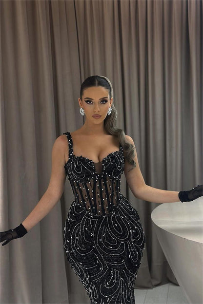 Exquisite Black Straps Sleeveless Mermaid Beaded Evening Dress With Gloves
