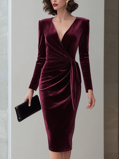 VOS LEE Burgundy Velvet Draped Midi Dress