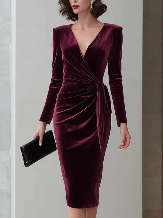 VOS LEE Burgundy Velvet Draped Midi Dress