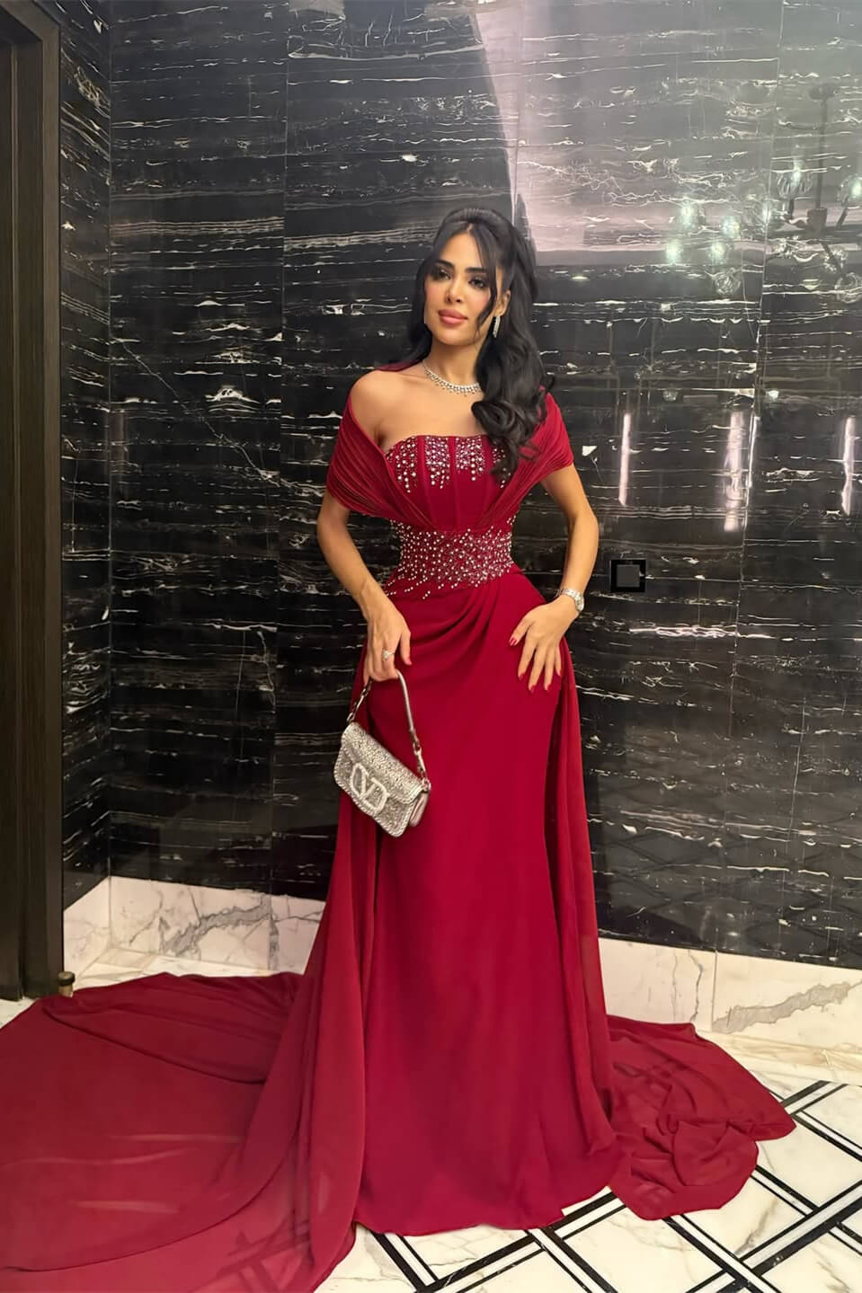 Bugurndy Off-the-Shoulder Chiffon Evening Dress Strapless Slit Long With Beads