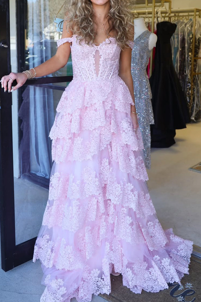 Gorgeous A Line Off the Shoulder Light Pink Tiered Tulle Prom Dress with Slit