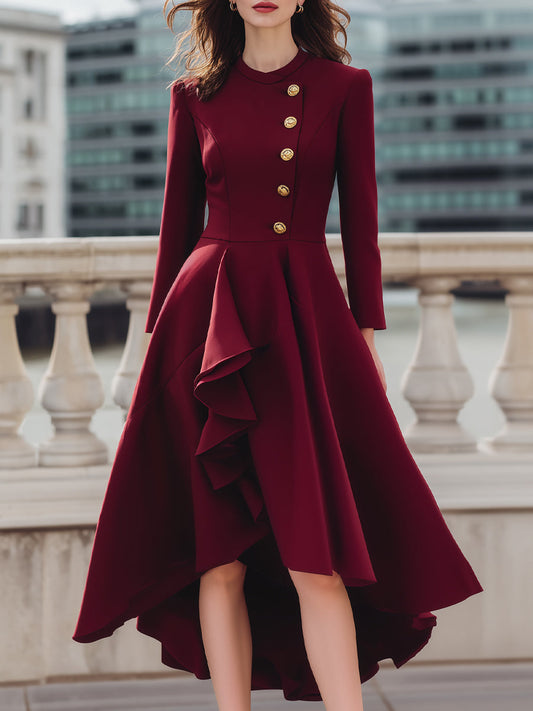 Structured Asymmetrical Ruffle Hem Dress With Gold Buttons