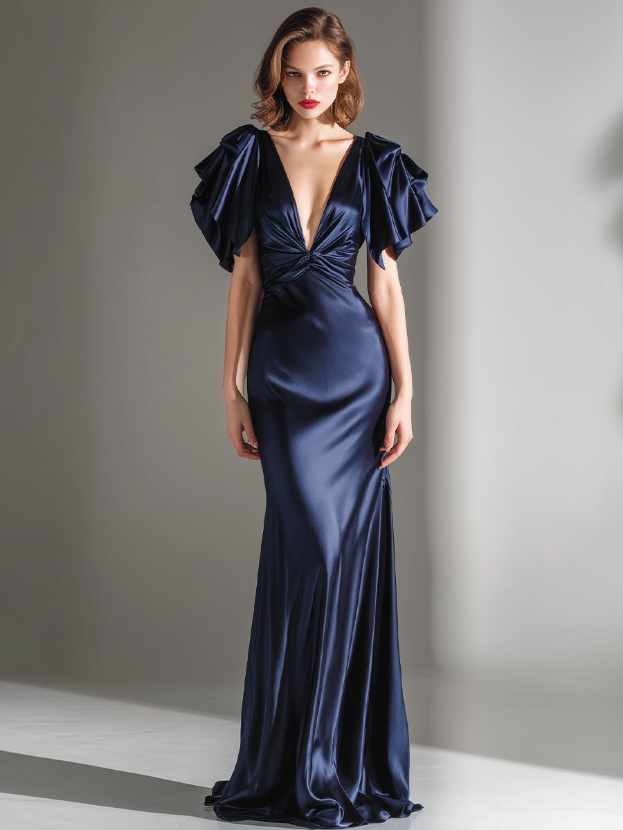 Statement Pleated-Sleeve Deep V Knot-Front Evening Gown