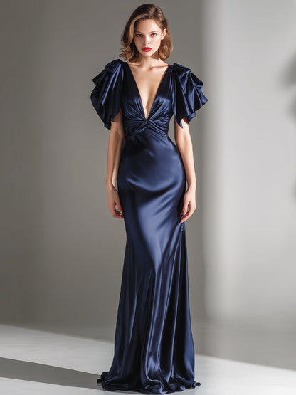 Statement Pleated-Sleeve Deep V Knot-Front Evening Gown