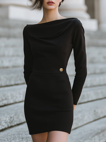 Black Draped Neckline Long Sleeve Mini Dress With Gold Button Accent