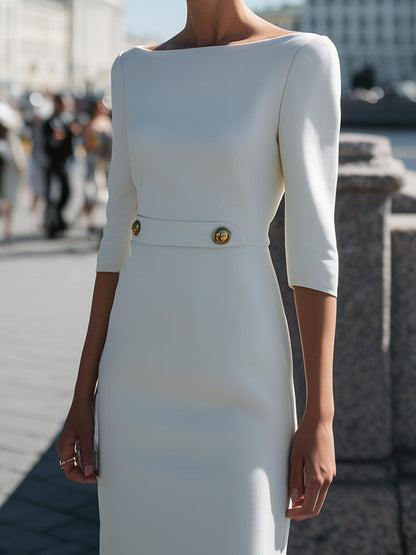 Tailored Waist Pencil Dress In Porcelain White