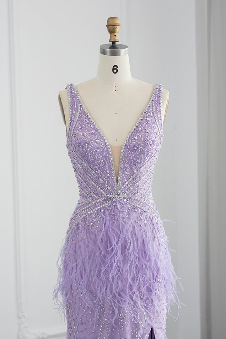 Sexy V Neck Mermaid Evening Dress Sheath With Feathers Open Back