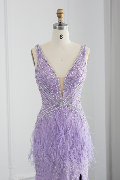 Sexy V Neck Mermaid Evening Dress Sheath With Feathers Open Back