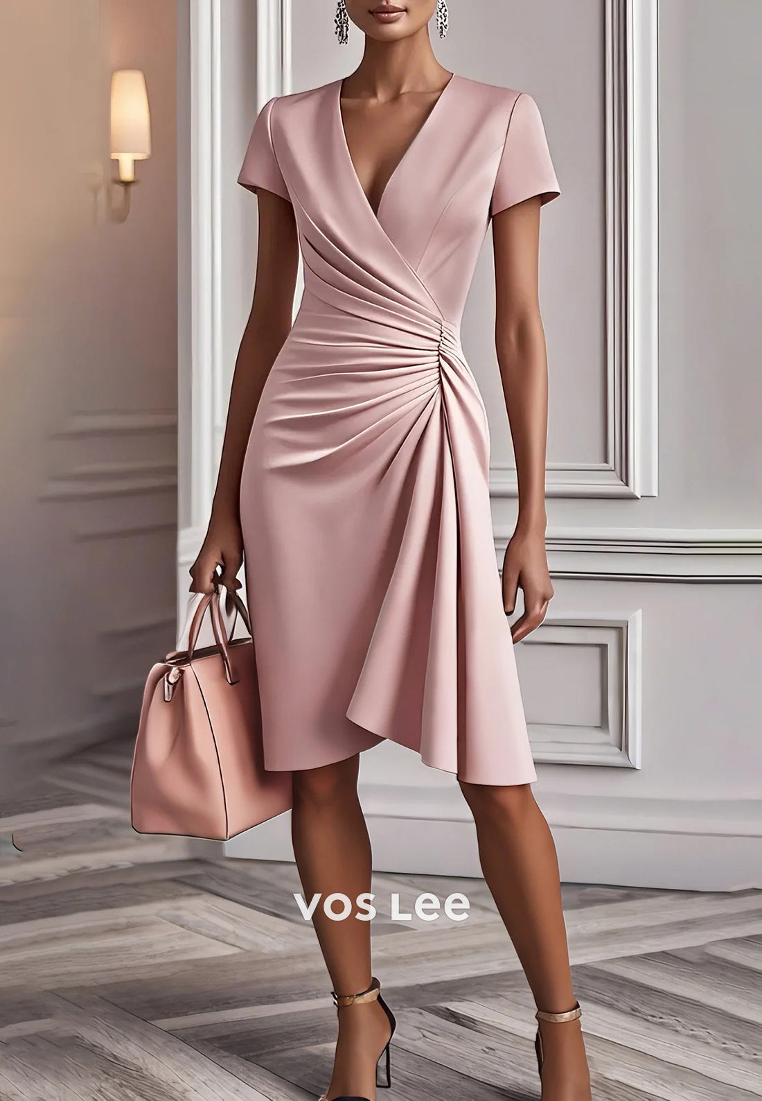 Short Sleeve V Neck Pleated Sheath Knee-Length Evening Dresses Party Dresses with Split