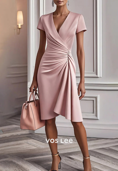 Short Sleeve V Neck Pleated Sheath Knee-Length Evening Dresses Party Dresses with Split