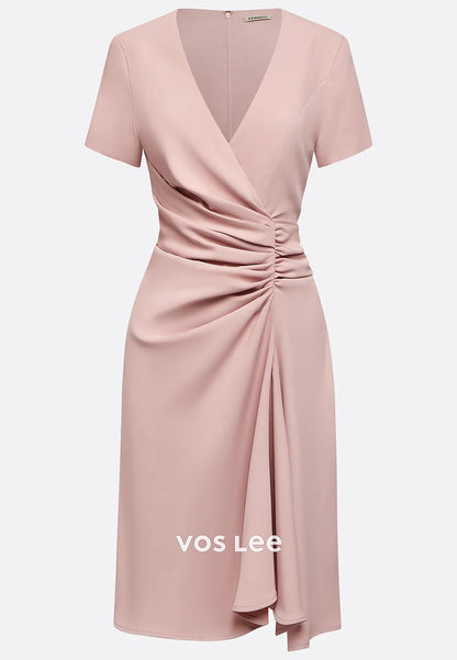 Short Sleeve V Neck Pleated Sheath Knee-Length Evening Dresses Party Dresses with Split