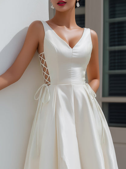 V-Neck Lace-Up Side Satin A-Line Midi Dress