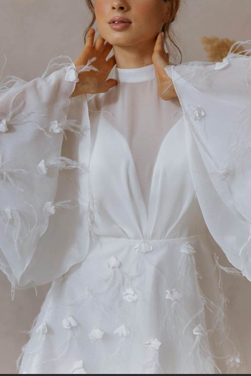 Exquisite White Mesh Mini Dress with 3D Floral Appliqué & Flared Sleeves