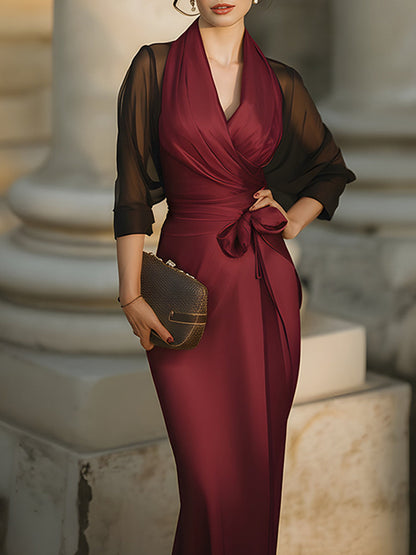 Elegant Draped Evening Gown With Sheer Sleeves