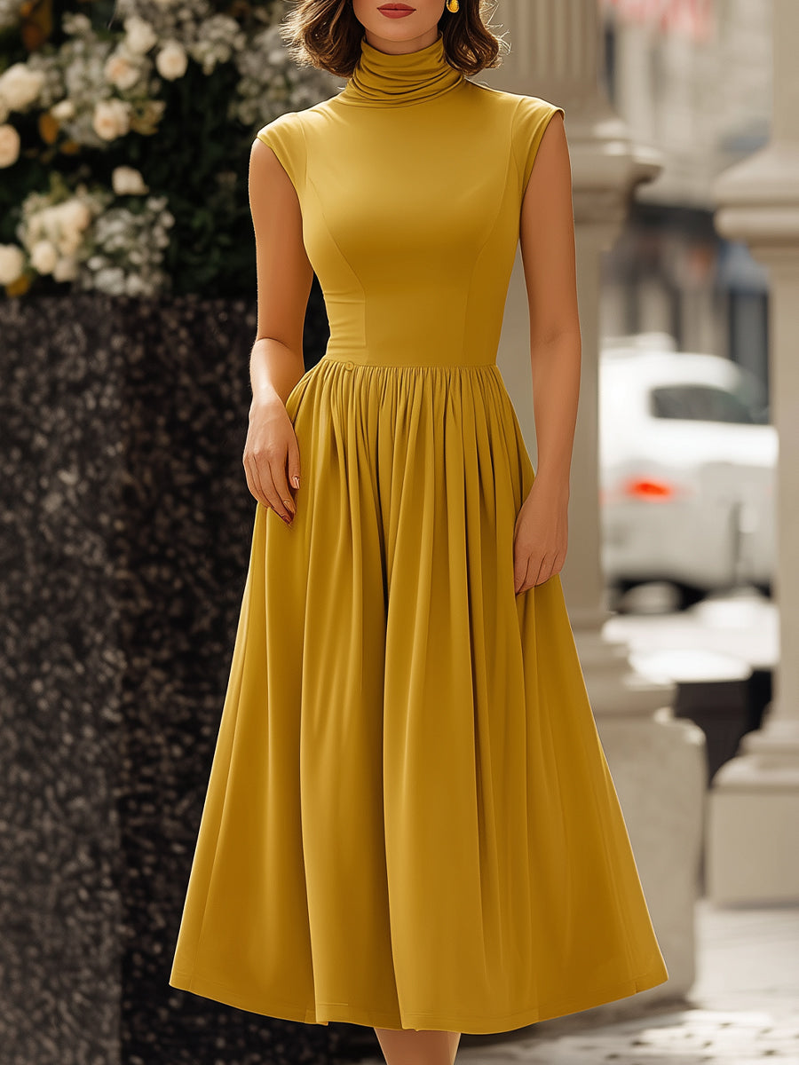 Two-Way Convertible High-Neck Draped Midi Dress