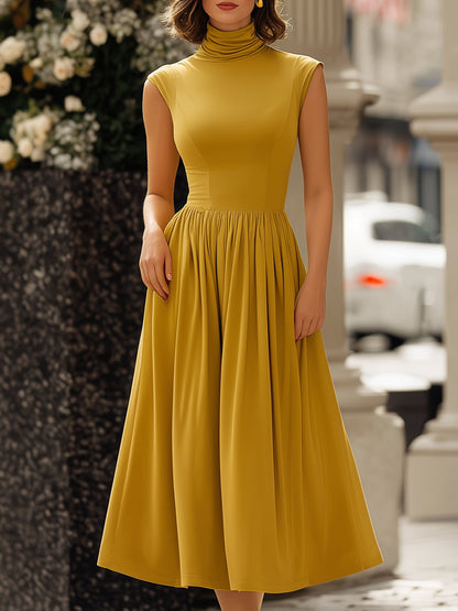 Two-Way Convertible High-Neck Draped Midi Dress
